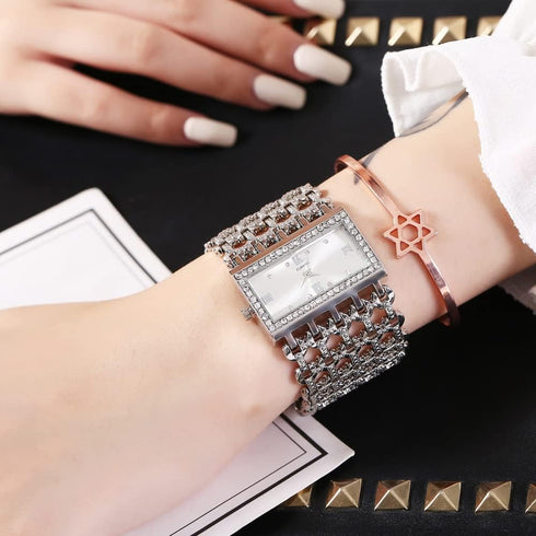 Weicam Women Girls Luxury Crystal Square Dial Hollow Bangle Bracelet Analog Quartz Wrist Watch...