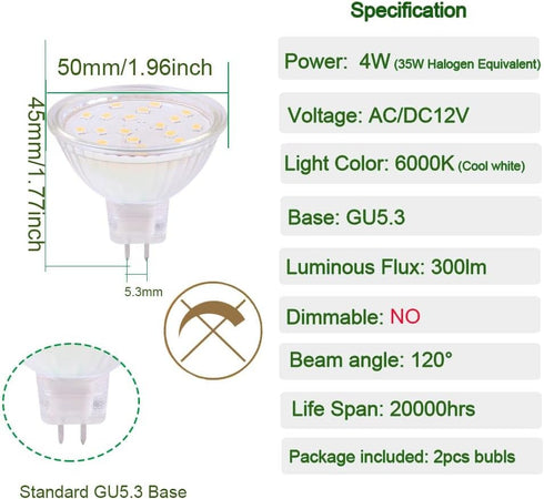 MR16 Led Light Bulbs AC/DC12V Non-dimmable GU5.3 4W led Spotlights 6000K Cool White 300LM 35W Halogen Bulbs Replacement for Track Lighting and Out...