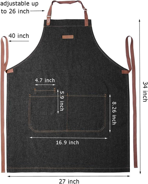 Denim Kitchen Apron with Pockets, Mens Womens Professional Chef Bib Apron for Cooking Grill BBQ Server...