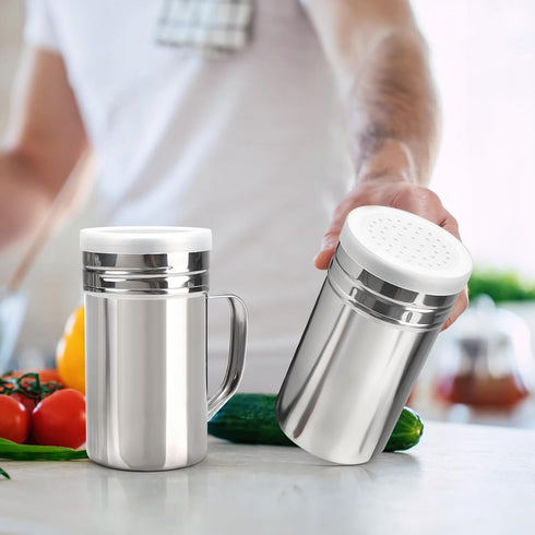 Accmor 2pcs Stainless Steel Dredge, Salt Pepper Dredge Shakers with Handle, Seasonings Spice Shakers with Lid, 14 Ounce...