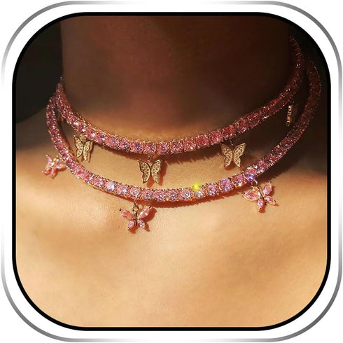 Rhinestone Butterfly Choker Necklaces Pink Sparkly Crystal Pendant Necklace Party Prom Necklace Jewelry for Women...