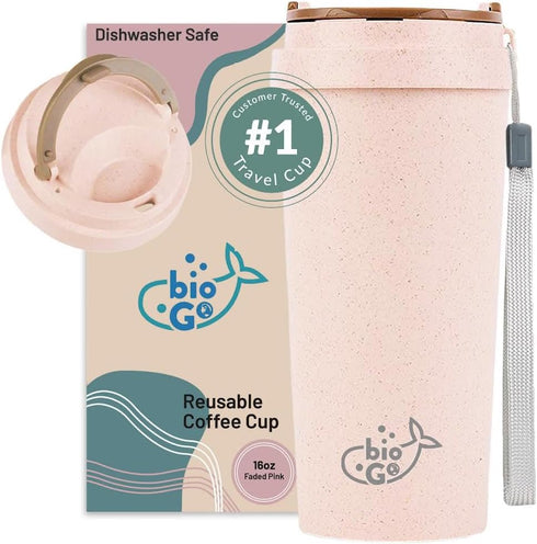 bioGo 16oz Pink Travel Coffee Cup - Reusable Mug with Lid - Microwave & Dishwasher Safe - Reusable Coffee Cup - Rice Husk Coffee Mug - Rice Husk T...