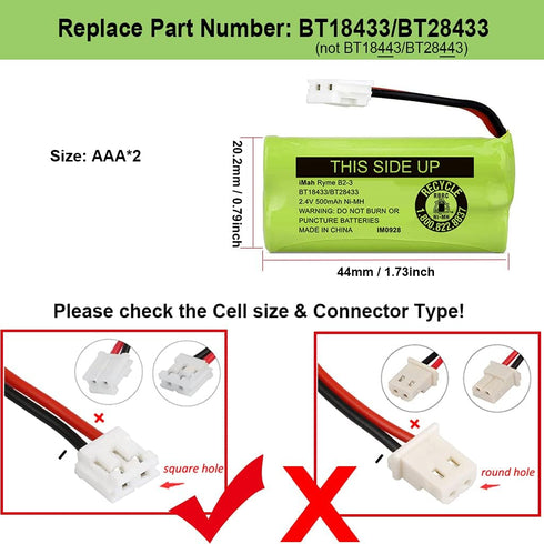iMah BT18433/BT28433 2.4V 500mAh Ni-MH Cordless Phone Battery Pack, Also Compatible with VTech AT&T Telephone Batteries BT184342/BT284342 BT8300 B...