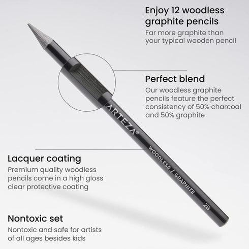 Arteza Woodless Graphite Pencils, Set of 12, HB, 2B, 4B, 6B, 8B, and EE, Black Drawing Pencils, Art Supplies for Shading and Sketching...