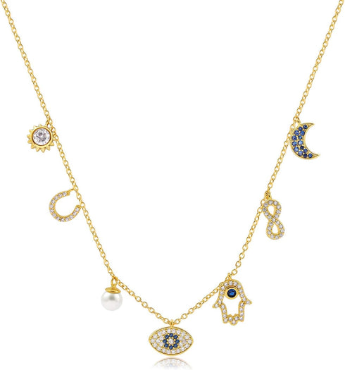 SLOONG Evil Eye Necklace Hamsa Hand Necklace 14K Gold Plated Dainty Necklace White Blue Cz Pendant Necklace for Women...