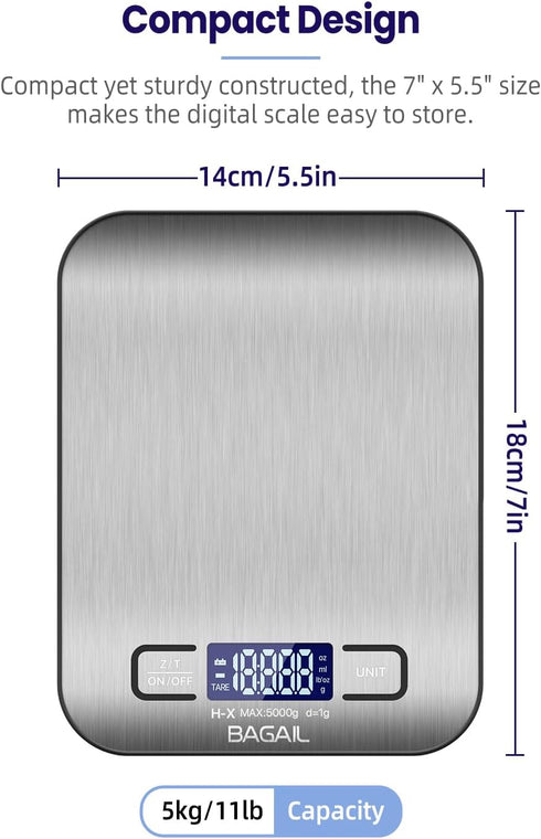 BAGAIL BASICS Digital Kitchen Scale, Premium Stainless Steel Food Scales Weight Grams and Oz for Baking and Cooking, 11lb/5kg with 0.1oz/1g Precis...