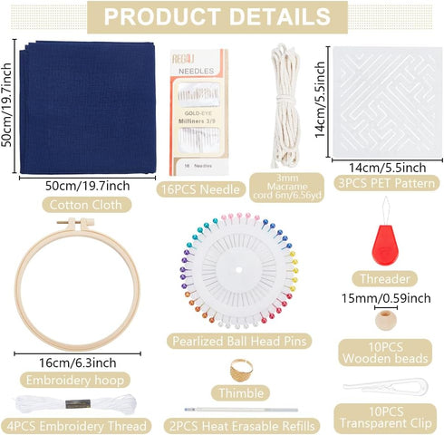 FREEBLOSS 4 Set Sashiko Drawstring Bag Kit Sashiko Embroidery Kit for Beginners Full Embroidery Kit includes Sashiko Thread, Needles, Fabric, Thim...