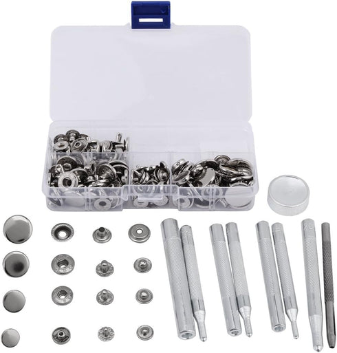 Button Replacement Kit,Press Studs Buttons Snap Fasteners 10mm 12mm 15mm 17mm with Setting Tools(Silver)...