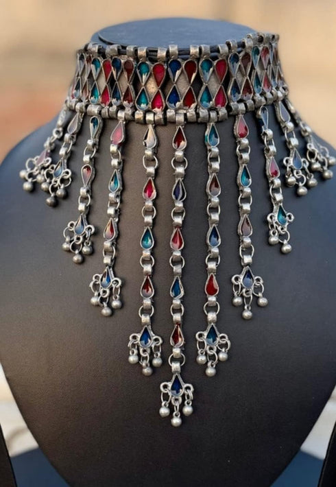 Indian Antique Silver Oxidized Fashion Bollywood Ethnic Mirror Boho Gypsy Banjara Tribal Statement Choker Thread Necklace Jewelry...