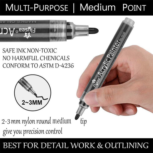 NAWOD Black Paint Pens - 6 Pack Acrylic Black White Permanent Markers, Acrylic Paint Pens for Rock Painting, Wood, Metal, Stone, Ceramic, Glass, G...