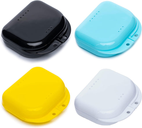 BOOMIBOO Retainer Case with Vent Holes, 4 Pcs Denture Cases, Durable & Similar Mouth Guard Case for Black, White, Yellow and Blue - Tight Snap Loc...