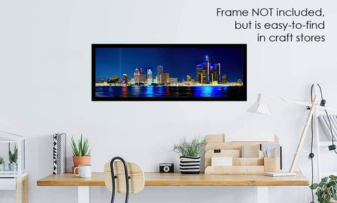 PHOTOSBYJON Detroit Skyline UNFRAMED Photo Print Night Color City Downtown 11.75 inches x 36 inches Photographic Panorama Poster Picture Standard ...