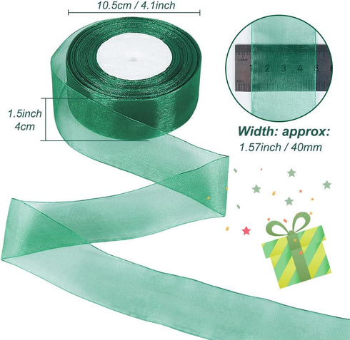 Green Sheer Ribbon, 50 Yards 1-1/2 inch Wide Shimmer Sheer Organza Ribbon for Bow Making, Gift Wrapping, Box Packaging, Crafting, Christmas Decora...