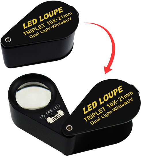 Illuminated Jewelers Loupe Magnifier, Foldable Jewelry Magnifier with 6 LED & UV Lights, Hastings Triplet Loupe 10X for Gems, Jewelry, Coins, Stam...