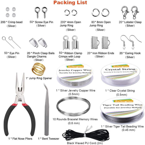 EuTengHao Jewelry Making Kit with Pliers, Wires, Jump Rings, Clasps, Cord and More for Jewelry DIY Crafts - Silver...