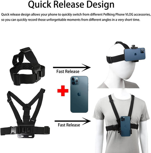 PellKing Mobile Phone Chest Strap Harness Mount Head Strap Holder Kit for POV/VLOG,Cell Phone Clip Compatible with iPhone,Samsung,GoPro Hero 9, 8,...