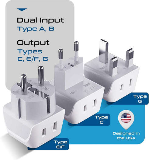 Ceptics Complete European Travel Adapter Set - 2 In 1 Usa to Europe, Germany, England, Spain, Italy, Iceland, France, (Type G, E/F, Type C) - 3 Pa...