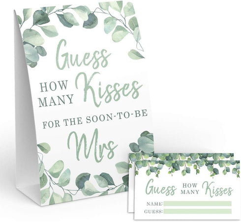 Your Main Event Prints Eucalyptus Bridal Shower Games – How Many Kisses For The Mrs, Includes 1 Stand (5x7) and 50 Guessing Cards...