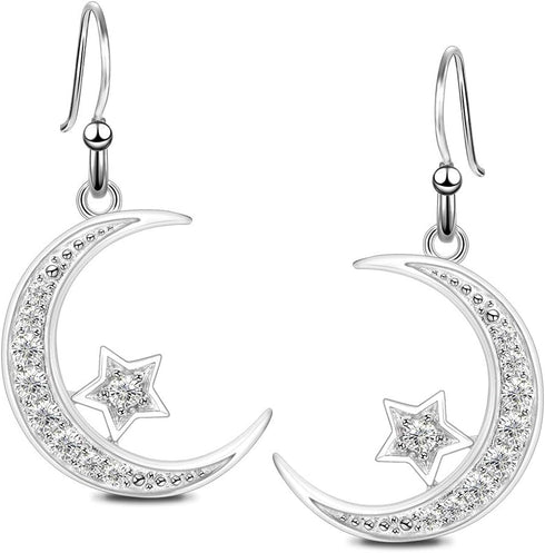 Sterling Silver Round Cubic Zirconia Crescent Moon & Star Dangle Earrings Star Jewelry for Women Mom...