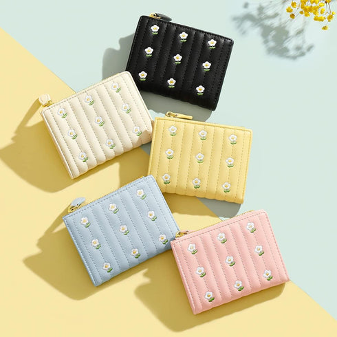 MEISEE Small Wallet for Girls Women Tri-folded Wallet Cash Pocket Card Holder Coin Purse with ID Window elegant youthful and cute -flowers-white...