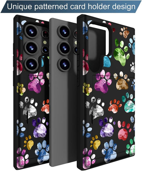 Compatible with Samsung Galaxy S24 Ultra Case Cute with Card Holder/Slim Wallet Phone Case for Women Galaxy S24 Ultra/Colorful Doodle Paws Dog Cra...