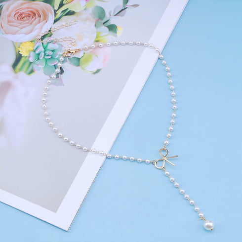 Boho Pearl Y Lariat Necklace Chain Pearl Beaded Choker Necklace Bow Knot Necklace Choker Pearl Y Drop Necklace Chain Jewelry for Women and Girls...