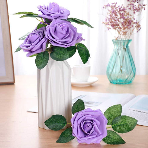 Artificial Flowers 25pcs Real Looking Purple Foam Fake Roses with Stems for DIY Wedding Bouquets White Bridal Shower Centerpieces Arrangements Mot...