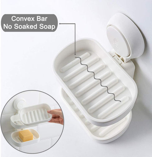 Double Layer Soap Dished Holder Suction Cup, Soap Bar Holder with Drainage Design for Soap Saver, Wall Mounted Soap Tray for Bathroom Shower, Reus...