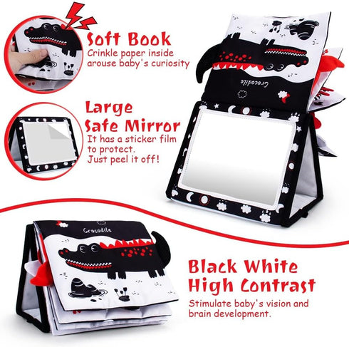 Tummy Time Mirror, Baby Tummy Time Toys with Soft Book, Black and White High Contrast Baby Toys, 3D Activity Sensory Montessori Toys Crawling Mat...