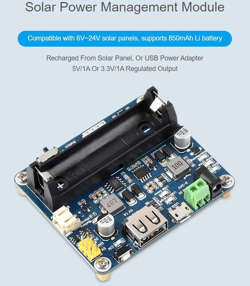 waveshare Recharged Solar Power Management Module for 6V~24V Solar Panel, Support Solar Panels, Or USB Power Adapter Battery Charging, 5V/1A or 3....