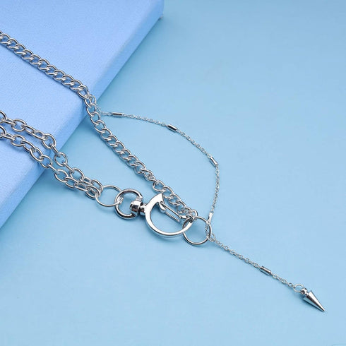 Punk Cuban Link Chain Necklace Crescent Choker Necklace Open Moon Buckle Choker Necklace Silver Chunky Chain Necklace Rivet spike Pendant Necklace...