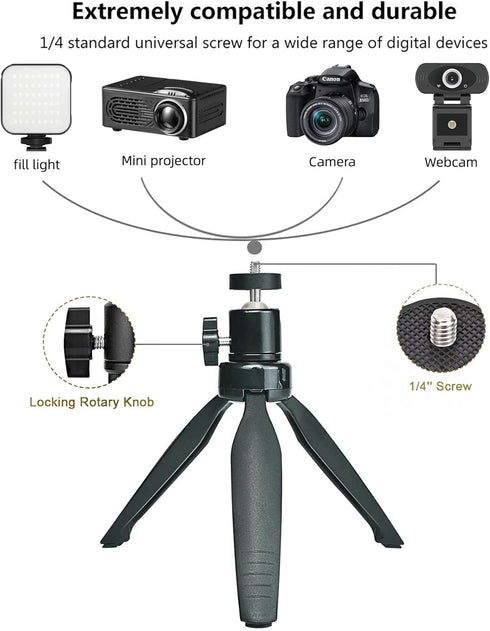 Mini Desktop Tripod Stand with 6.3 inch Universal 1/4 Screw Ballhead for Projectors, DSLR Cameras, Webcams, Smartphones, and Selfie Sticks - Black...