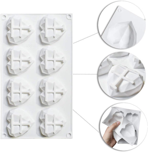 8 Grid Diamond Heart Silicone Cake Chocolate Mold Silicone Baking Pan Mold for DIY Cake Mousse Dessert 3D Diamond Love Heart Shaped Mould for Cand...
