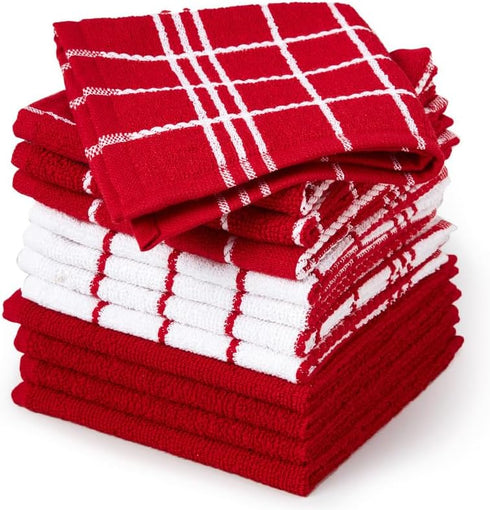 Encasa Terry Cloth Dish Towel Set | 12x12 in Super Absorbent Multipurpose Kitchen Towels for Drying and Cleaning - Pack of 12 – Terry Red...