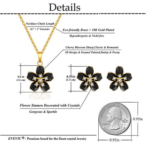 EVEVIC Cherry Blossom Flower Necklace Earrings Set for Women 18K Gold Plated Hypoallergenic Jewelry Sets (Black)...