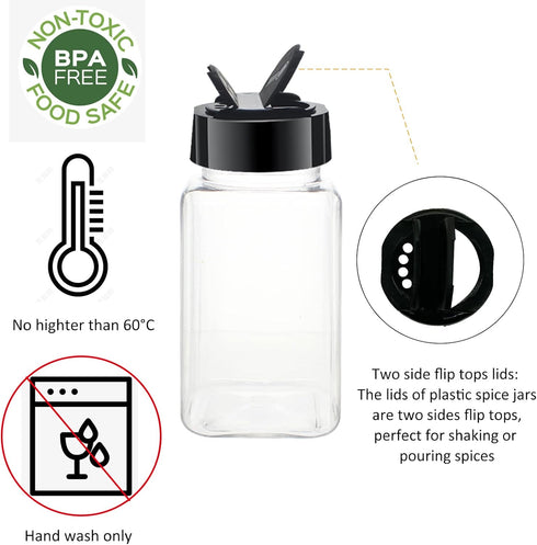12 Pack 4oz Clear Plastic Spice Jars With Black Plastic Lids, Square Spice Bottles, Seasoning Containers with Chalk Labels, Pen, Funnel, Spice Con...