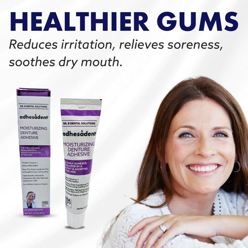 Dr. B Dental Solutions Adhesadent Moisturizing Denture Adhesive - Secure Denture Glue with Strong Grip & Natural Taste - Zinc-Free Dental Adhesive...