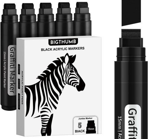 Black Poster Markers Jumbo: 5 Pcs 15mm Wide Tip Thick Acrylic Paint Pen Large Permanent Calligraphy Graffiti Markers for Rock Painting, Stone, Pos...