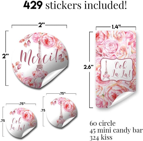 Ooh La La Watercolor Floral Paris Birthday Party Sticker Bundle Kit 429 pieces!!! Includes 60 2 Circle Stickers for Favors & Goodie Bags, 45 Mini ...