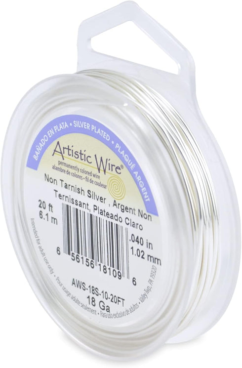 Artistic Wire, 18 Gauge Silver Plated Tarnish Resistant Colored Copper Craft Jewelry Wrapping Wire, Tarnish Resistant Silver, 20 ft...