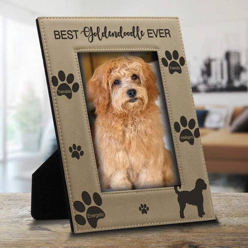 BELLA BUSTA - Best Goldendoodle Ever-Dog photo frame-Dog Lover Gift-Engraved Leather Picture Frame (5 x 7 Vertical)...