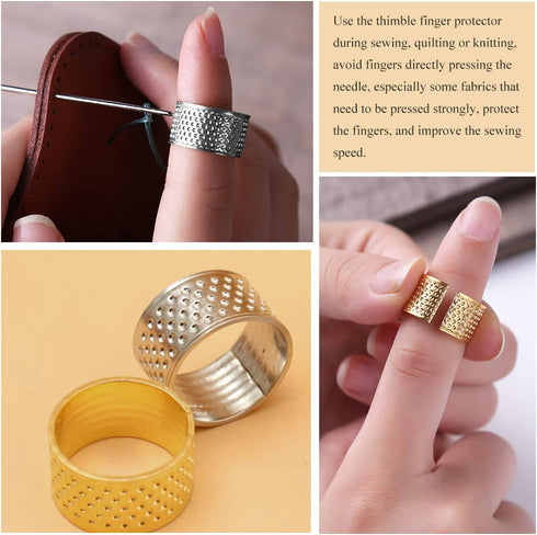 8 Pcs Thimble + 30 Pcs Sewing Needles, Finger Protector Fingertip Adjustable Metal Bronze Rings and Leather Coin Thimble for Needlework, Hand Embr...