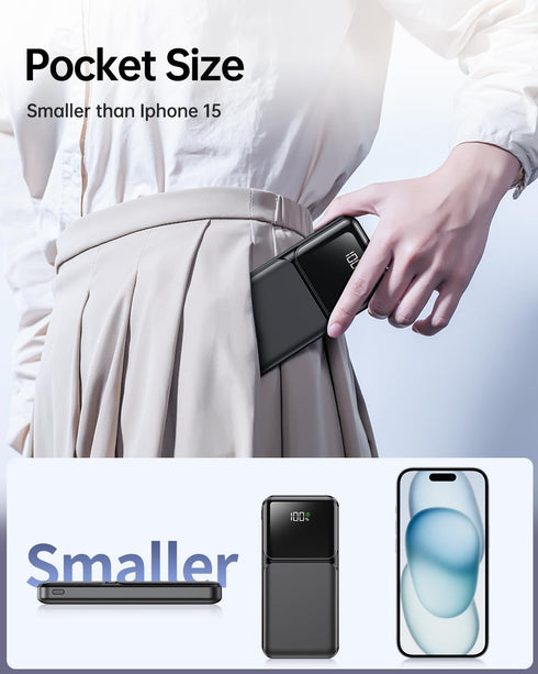 Portable Charger with Built in Cable - 22.5W Slim 20000mAh Power Bank USB C Fast Charging LED Display Travel Battery Pack 5 Outputs & 3 Inputs for...