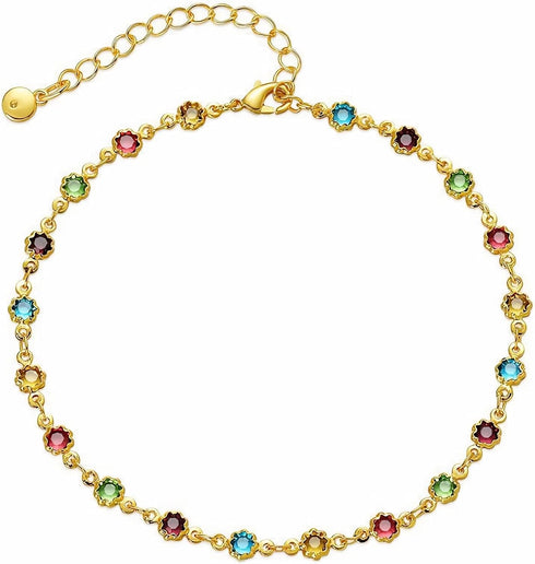 18K Gold Plated Anklet, Adjustable Bohemian Square Coloured Zirconia Anklet, Beach Holiday Jewellery For Women...