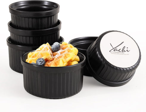 Yachi Ramekins Black, 4 oz 6 Pieces Ceramic Baking Ramekin Set of 6 Stoneware Bakeware Serving for Sauces Dipping Onion Soup Lava Cake Flan Creme ...