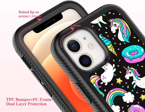 Compatible with iPhone 12 Mini, Rainbow Unicorn Black Pattern Dual Layer Heavy Duty Shockproof Shockproof Defender Transparent Bumper Back Cover P...