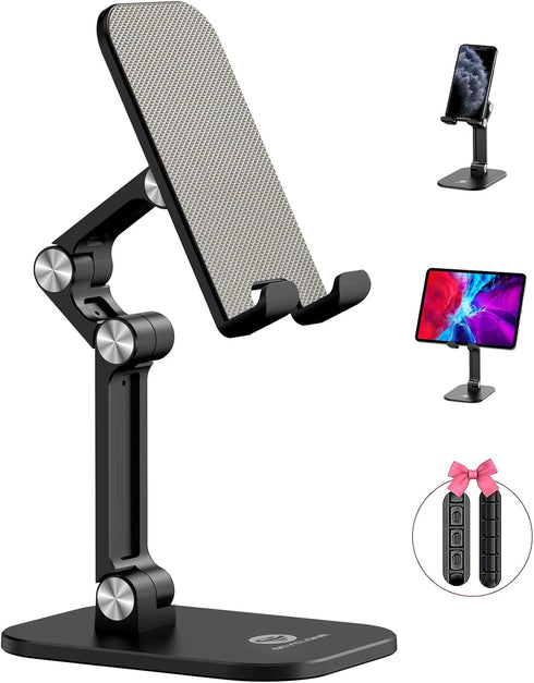 OCYCLONE Cell Phone Stand + 2 PCS Cable Organizer, Angle Height Adjustable iPhone Stand for Desk, Foldable Cell Phone Holder Tablet Stand Compatib...