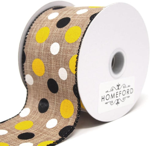 Homeford Natural Linen Wired Ribbon, Yellow/Black/White Dots, 10 Yards (2-1/2-Inch)...