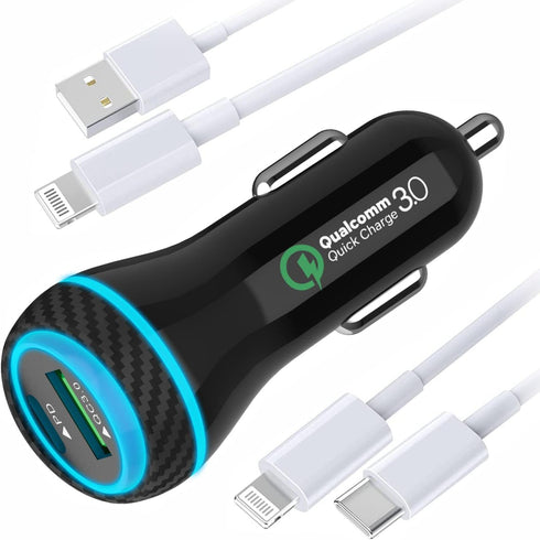 MOCA for iPhone 51W Fast Charger, USB C Dual Ports W/ 2pcs 3.3ft A-P/C-P Cable Car Charger Adapter for iPhone 13 12 11 Pro/XS/XR/SE/X 8/iPad/AirPo...