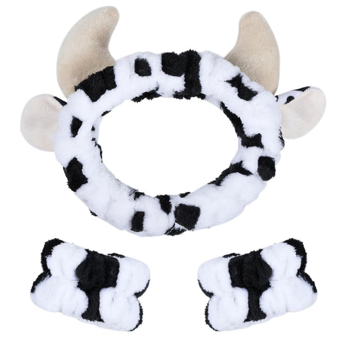 Plush Wash Face Headband Cow Print Spa Wrist Band Cuffs Hair Scrunchy Women Girls Facial Makeup Skincare Bath Head Wrap Kids Costume Party Supply ...